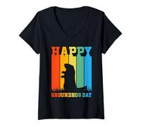 Donna Happy Groundhog Day Retro Vintage Silhouette Design Maglietta con Collo a V