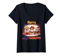 Donna Happy HalloThanksMas Corgi Spooky Thankful Merry X-mas Maglietta con Collo a V