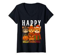 Donna Happy Hallothanksmas Gatti Halloween Ringraziamento Natale Maglietta con Collo a V