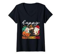 Donna Happy Hallothanksmas Halloween Ringraziamento Natale gnomi Maglietta con Collo a V