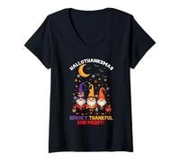 Donna Happy Hallothanksmas Halloween Ringraziamento Natale Maglietta con Collo a V