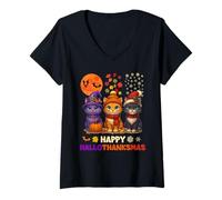 Donna Happy HalloThanksMas Halloween Thanksgiving Christmas Cats Maglietta con Collo a V