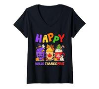 Donna Happy HalloThanksMas Halloween Thanksgiving Christmas Coffee Maglietta con Collo a V