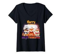 Donna Happy HalloThanksMas Shiba Inu Spooky Thankful Merry X-mas Maglietta con Collo a V