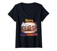 Donna Happy HalloThanksMas Sloth Spooky Thankful Merry X-mas Maglietta con Collo a V