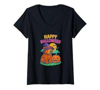 Donna Happy Halloween Cute Bear in Witch Hat with Pumpkin Maglietta con Collo a V