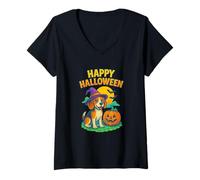 Donna Happy Halloween Cute Dog with Pumpkin Witch Hat Art Maglietta con Collo a V