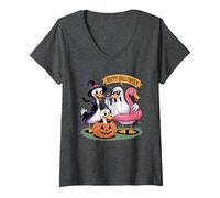 Donna Happy Halloween Duck - Divertente Costume da Strega Fantasma Zucca Maglietta con Collo a V
