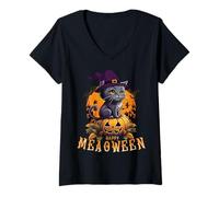 Donna Happy Halloween Gatto con Un Cappello da Strega e Una Zucca di Halloween Maglietta con Collo a V
