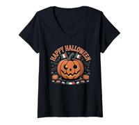 Donna Happy Halloween Italy Pride Italian Easy Costume Zucca Maglietta con Collo a V