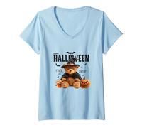 Donna Happy Halloween Witch Teddy Bear Pumpkin Graphic Maglietta con Collo a V