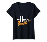 Donna Happy Halloweenie - Cane Bassotto di Halloween Divertente Maglietta con Collo a V