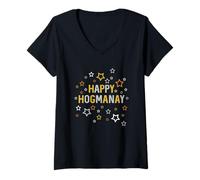 Donna Happy Hogmanay Star Burst Celebrazione Testo Design Maglietta con Collo a V