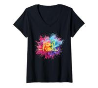 Donna Happy Holi Color Splash Maglietta con Collo a V