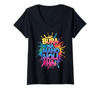 Donna Happy Holi Festival India Hindu Colors Spring Woman Kids Men Maglietta con Collo a V