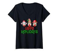 Donna Happy Holidays - Gnomo di Natale al caffè con Pan di Zenzero Rosso Maglietta con Collo a V