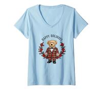 Donna Happy Holidays Plaid Bear Natale Maglietta con Collo a V
