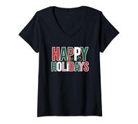 Donna Happy Holidays Plaid Festivo e Holly Christmas Maglietta con Collo a V