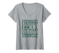 Donna Happy Holidays Retro Scacchi Vacanza Buon Natale Citazione Maglietta con Collo a V