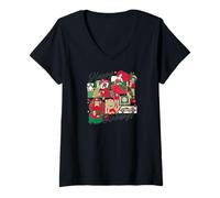Donna Happy Holidays Vintage Toy Nostalgia Collage Maglietta con Collo a V