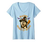 Donna Happy Howl-O-Ween Husky Dog Witch Halloween Cappello e Scopa Maglietta con Collo a V