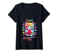 Donna Happy Meowentine’s Day Cute Rainbow Cat Valentine Maglietta con Collo a V