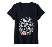 Donna Happy Mother's Day Floral Script Fiori Rosa Calligrafia Maglietta con Collo a V