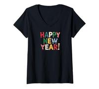 Donna Happy New Year Celebrations Party Art Design Maglietta con Collo a V