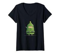 Donna Happy Ninja Festive Time con Albero di Natale Maglietta con Collo a V