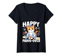 Donna Happy Paws-Over - Pesach, Festa ebraica per Amanti dei Gatti Maglietta con Collo a V