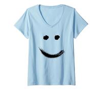 Donna Happy Pleased Face - Minimal Black Drawing Maglietta con Collo a V