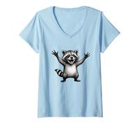 Donna Happy Racoon Divertente Piccolo Procione Baby Ridere Racoon Maglietta con Collo a V