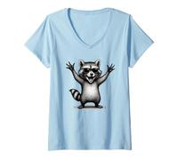 Donna Happy Racoon Divertente Piccolo Procione Baby Ridere Racoon Maglietta con Collo a V