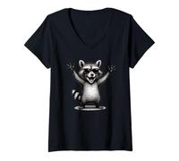 Donna Happy Racoon Divertente Piccolo Procione Baby Ridere Racoon Maglietta con Collo a V