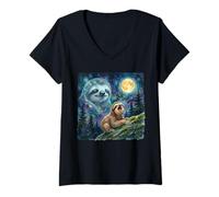 Donna Happy Sloth Howling at The Moon Night Sky Animal Art Maglietta con Collo a V