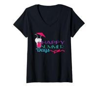 Donna Happy Summer Days Ombrello Alto Bere Onde Spiaggia Estate Maglietta con Collo a V