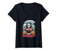 Donna Happy Summerween Scheletro Jack-o-Lantern Summer Anguria Maglietta con Collo a V