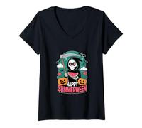 Donna Happy Summerween Scheletro Jack-o-Lantern Summer Anguria Maglietta con Collo a V