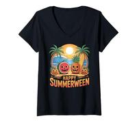Donna Happy Summerween Zucca Ananas Anguria Tropicale Maglietta con Collo a V