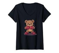 Donna Happy Teddy Bear con guantoni da boxe Maglietta con Collo a V
