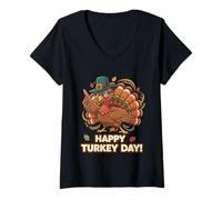 Donna Happy Turkey Day Cool Pilgrim Turkey Occhiali da Sole Arte Divertente Maglietta con Collo a V