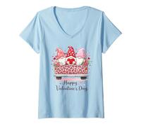 Donna Happy Valentines Day gnomi Leopardo Camion Rosa Plaid Cuori Maglietta con Collo a V