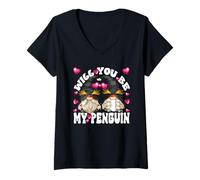Donna Happy Valentines GNOME Graphic Will You Be My Penguin Maglietta con Collo a V