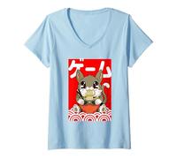 Donna Harajuku Japanese Aesthetic, Kawaii Ramen Noodles Gaming Cat Maglietta con Collo a V