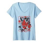 Donna Harajuku Japanese Aesthetic Red Oni Demon Mask Maglietta con Collo a V