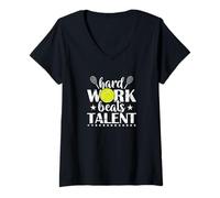 Donna Hard Work Beats Talent Tennis Citazione Maglietta con Collo a V