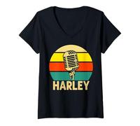 Donna Harley Nome Retro Microfono Divertente Musica 80s Vintage Lovers Maglietta con Collo a V