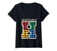Donna Harry Potter H Tartan Logo Maglietta con Collo a V