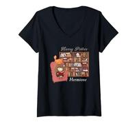 Donna Harry Potter Hermione And Crookshanks Library Maglietta con Collo a V