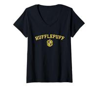 Donna Harry Potter Hufflepuff Arc Small Crest Maglietta con Collo a V